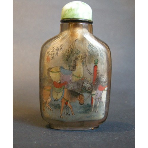 Snuff bottle Inside painted in rock Crystal smoked decorated with eight horses